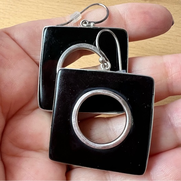 VINTAGE ONYX 925 SS LARGE OVERSIZED STATEMENT DROP DANGLE GEOMETRIC EARRINGS